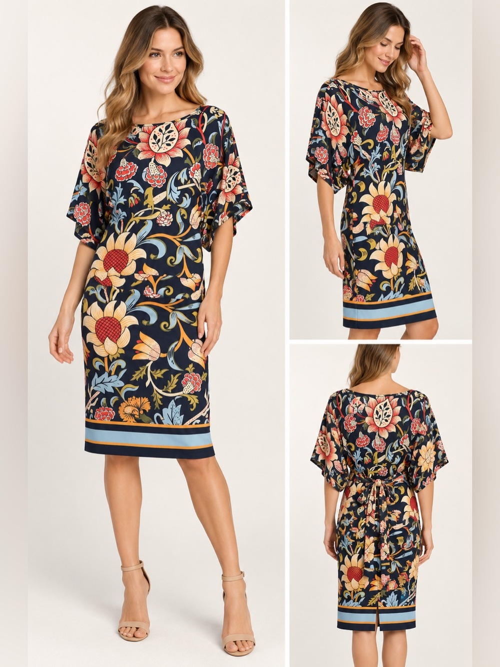 BCBGMaxAzria Navy Floral Midi Dress with Yellow & Red Blooms Retail $240
